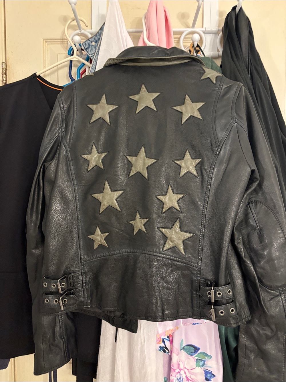 Black Leather Moto Jacket with Star Appliqués